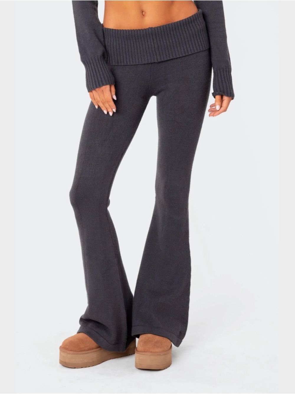 Edikted Desiree Knitted Low Rise Fold Over Pants - Dark Blue